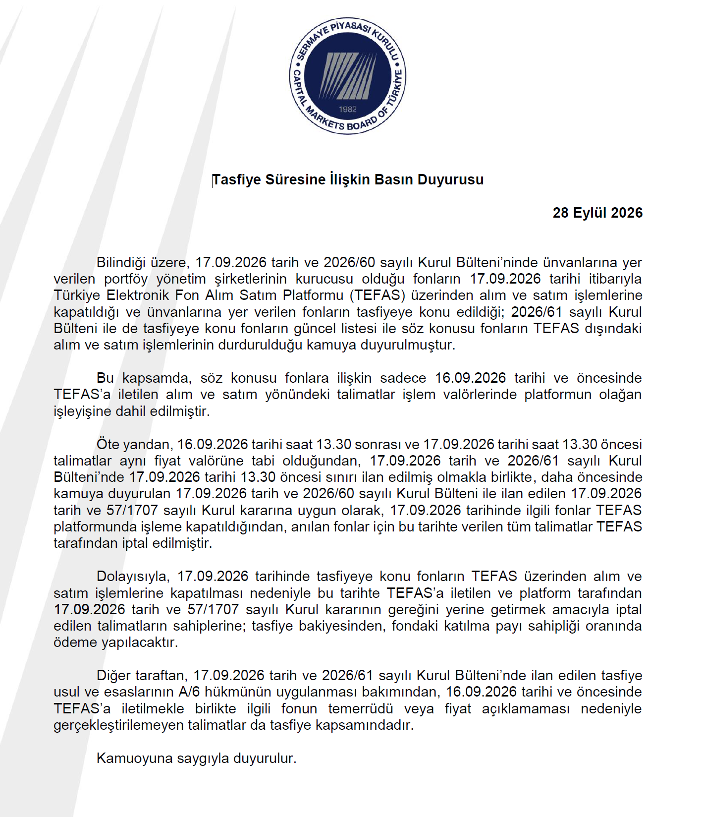 Spk Tasfiye Süresine İlişkin Basın Duyurusu 28092026